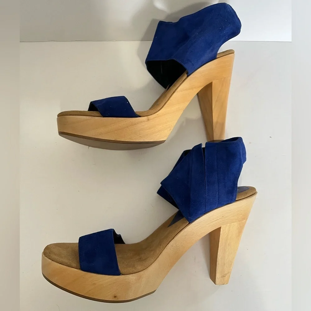 *FLAW* loeffler randall wooden heels sandals in blue suede, size 9.5B - Picture 4 of 9